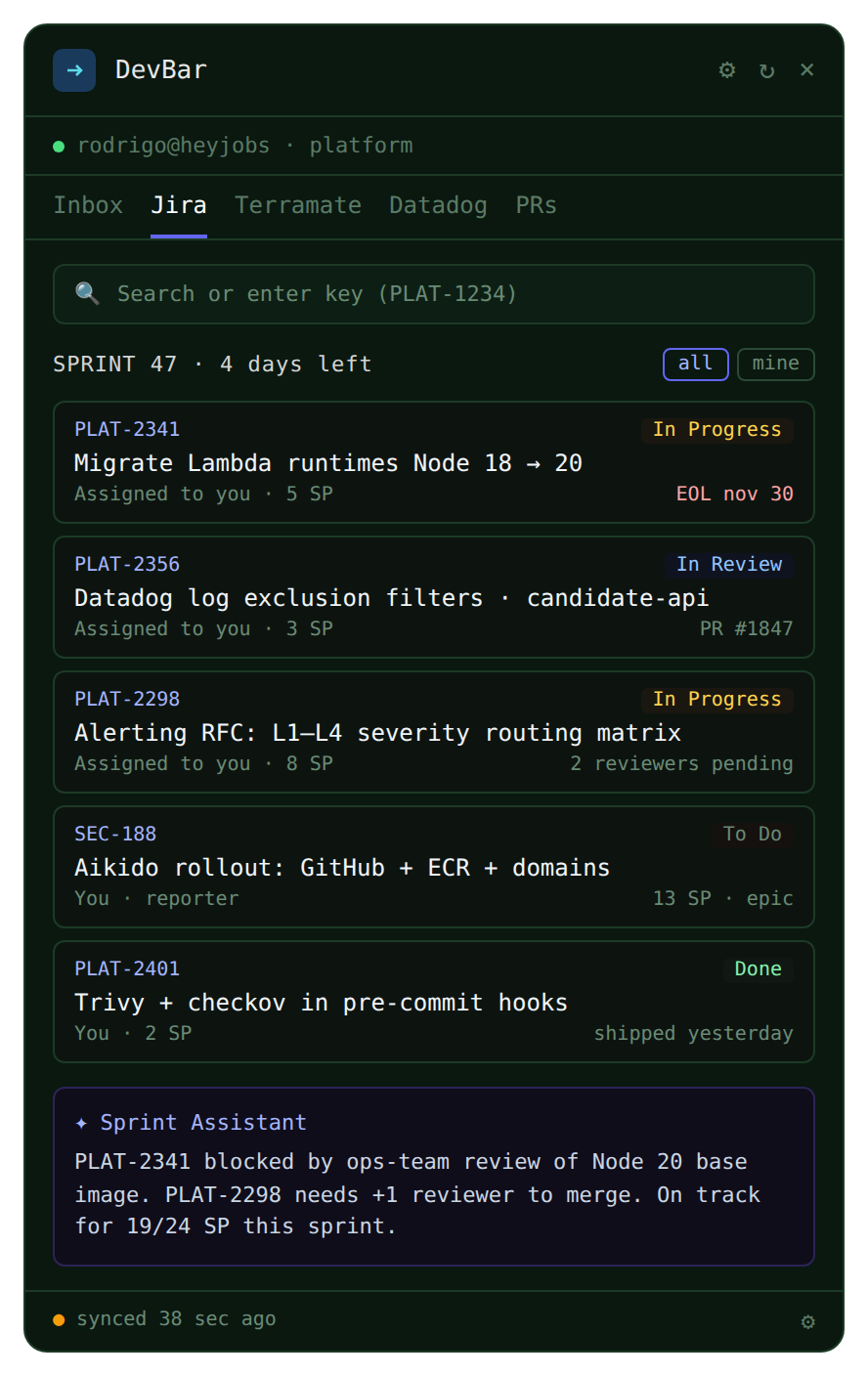DevBar Jira sprint view with AI assistant